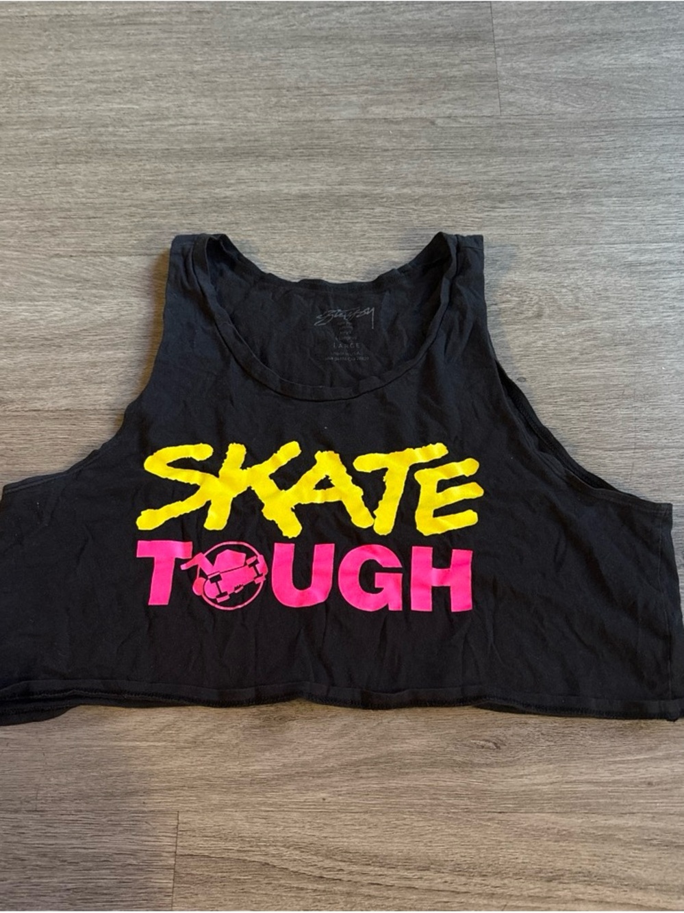 Skate Tough Black Crop Tank Top with Yellow & Pink Graphic